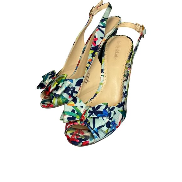 Kelly & Katie Floral Open Toe heels Size 10 colorful bow girly bright sling back - Picture 1 of 9
